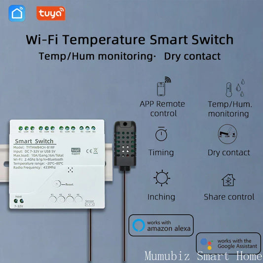Tuya Smart 4-Channel Relay with Temperature & Humidity Sensor