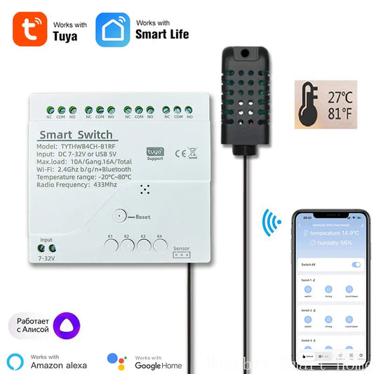 Tuya Smart 4-Channel Relay with Temperature & Humidity Sensor